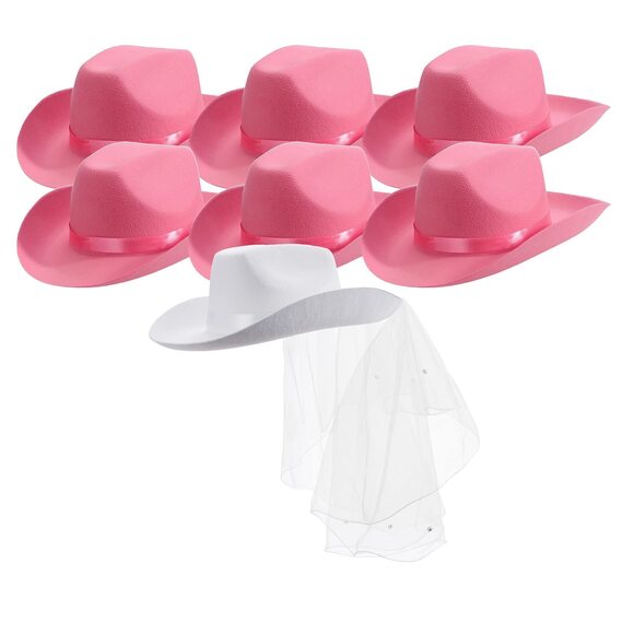 4919 Cowgirl Hats - 7 Pack Includes 1 Bride White Cowboy Hat And 6 Pink main image 6
